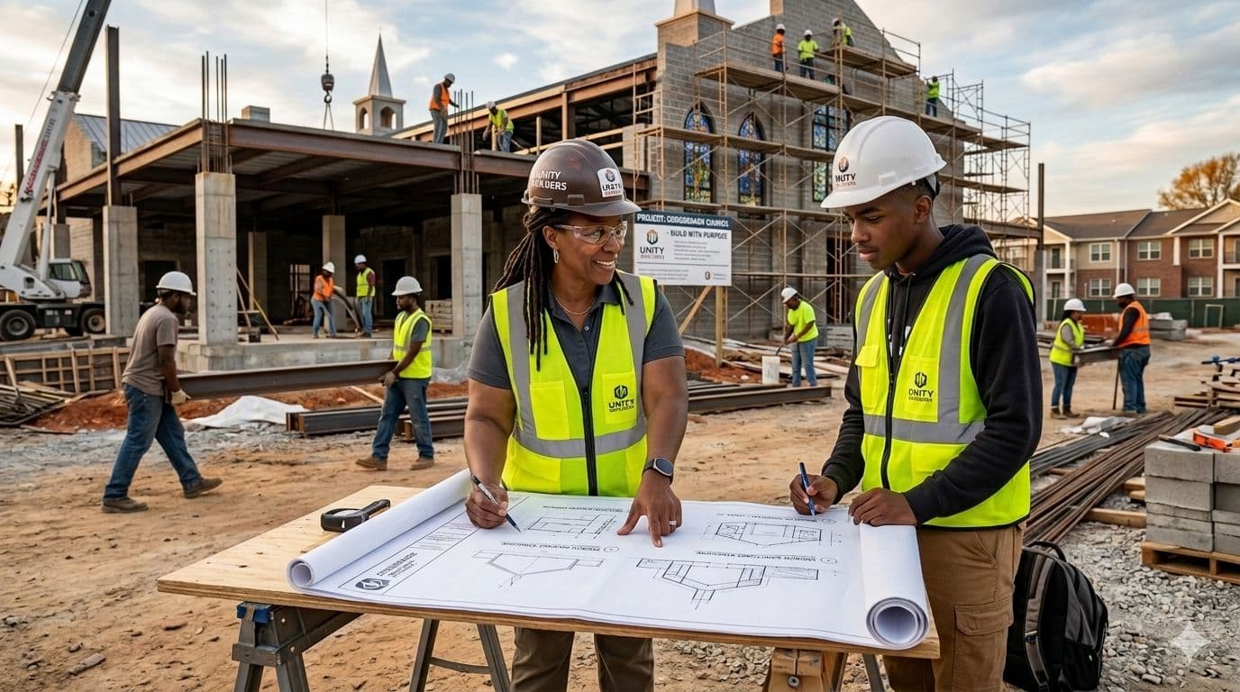 Experienced engineer mentoring a young person at a church construction site